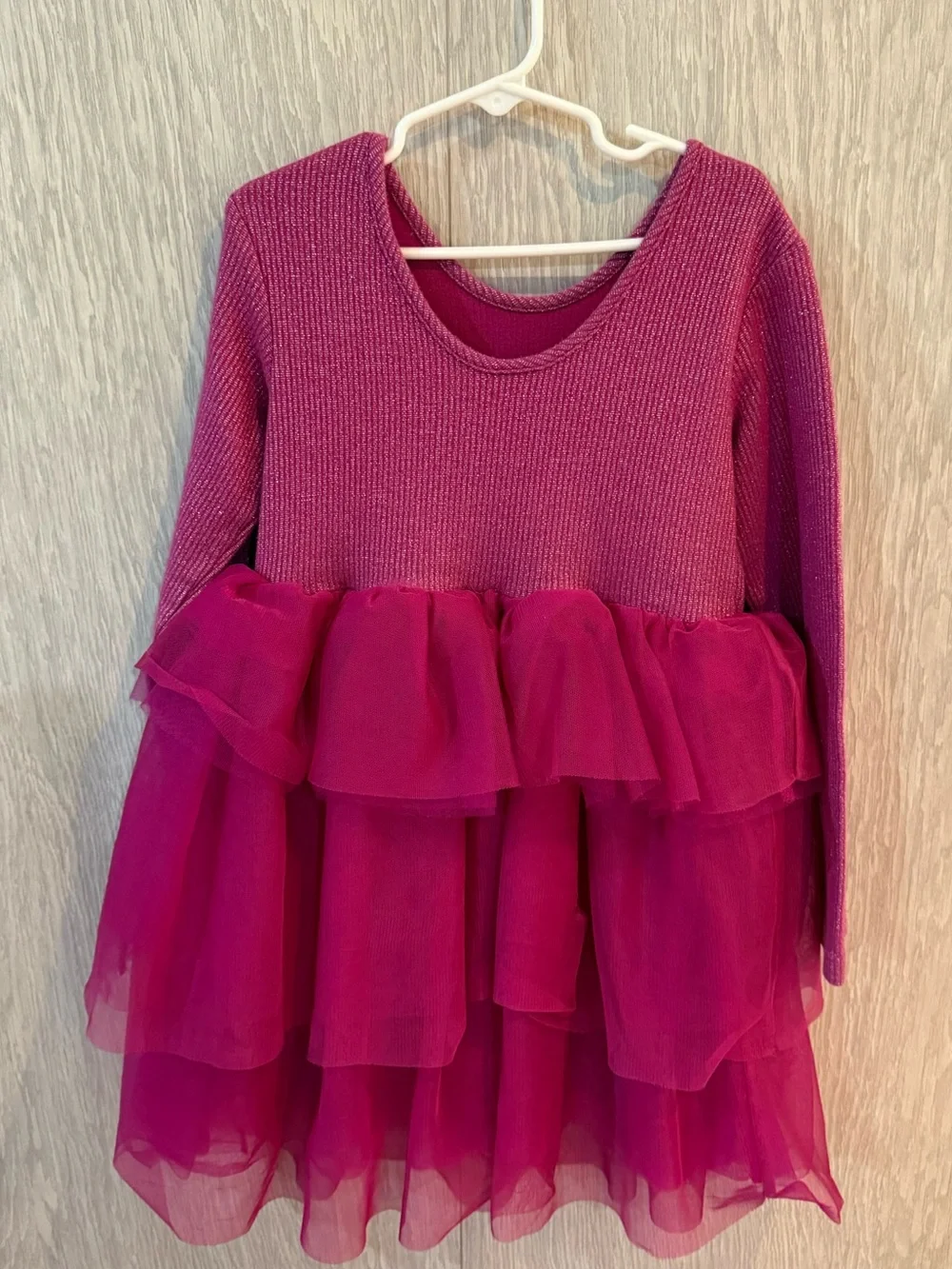 Hanna Andersson Magenta Long Sleeve Tulle Tiered Knit Cotton Sparkle Dress 8 - Picture 3 of 7